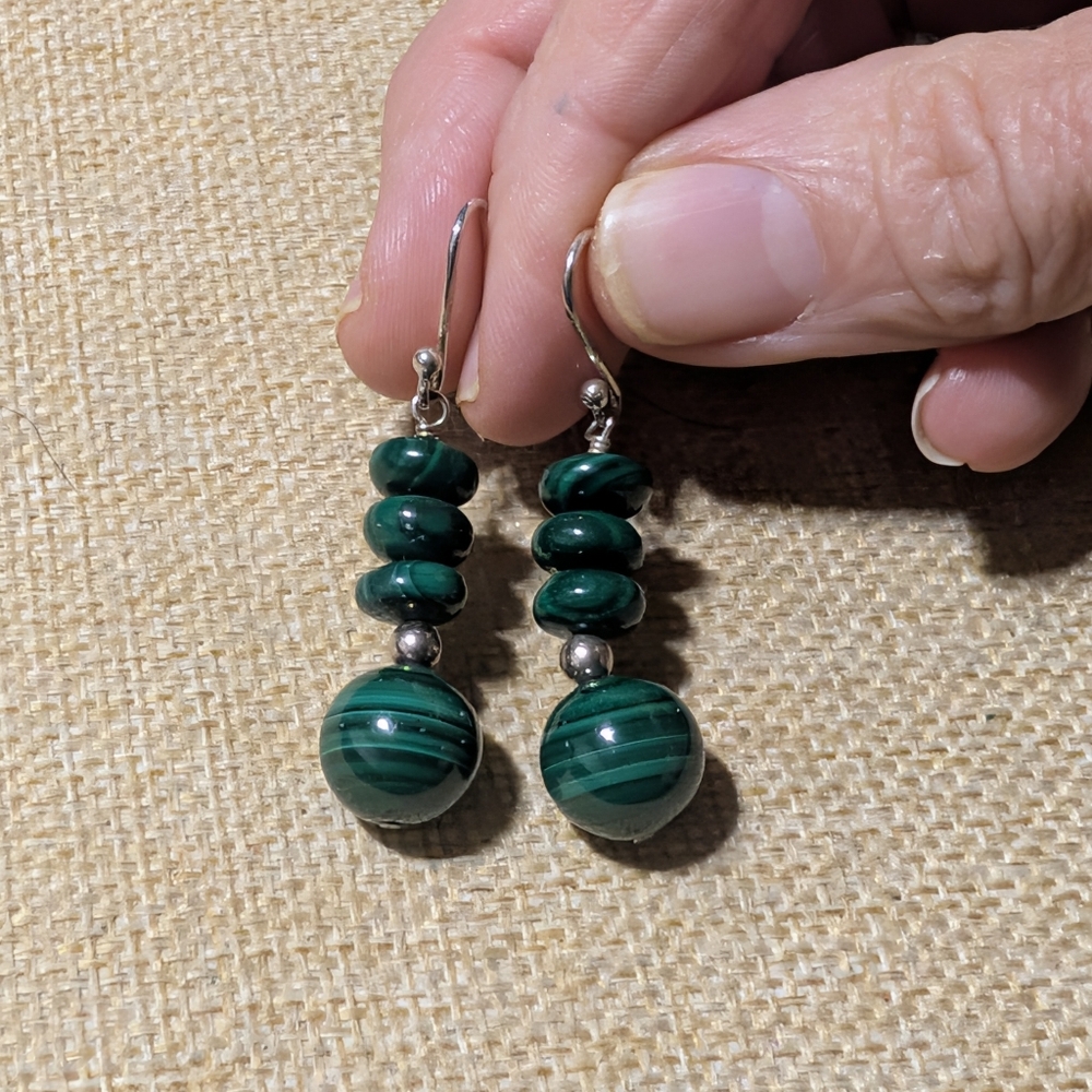 Vintage Sterling Silver & Malachite Bead Drop Earrings